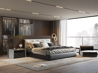 Modern Bedroom Interior With Wooden Headboard Open Closet And Floor To Ceiling Window 3d model