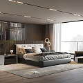 Modern Bedroom Interior With Wooden Headboard Open Closet And Floor To Ceiling Window