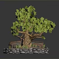 Green Leafy Tree with Old Red Car Surrounded by Stone Wall and Grass 3d model