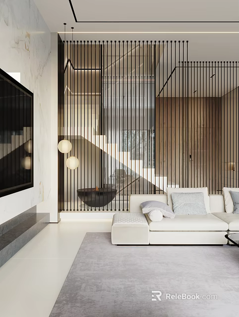 Duplex Living Room Interior Design With White Sofa Large TV Metal Strip Partition And Staircase 3d model 