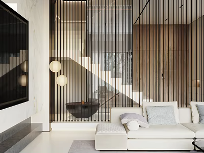 Duplex Living Room Interior Design With White Sofa Large TV Metal Strip Partition And Staircase 3d model