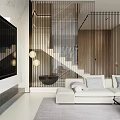 Duplex Living Room Interior Design With White Sofa Large TV Metal Strip Partition And Staircase