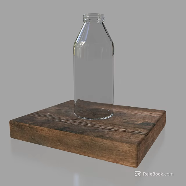 Simple Transparent Glass Bottle Standing On Rustic Wooden Base Platform 3d model 