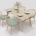 Modern Dining Table Set With Colorful Chairs And Decorative Plants 3d model