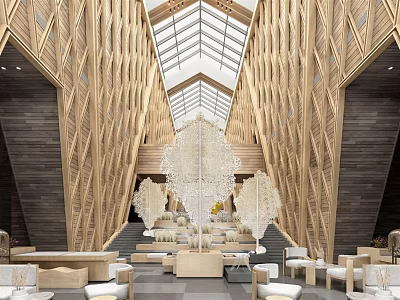 Modern Sales Office Interior With Wooden Structure Glass Skylight And Comfortable Seating 3d model