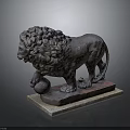 Bronze Lion Statue With Curly Mane Standing On Ball And Marble Base