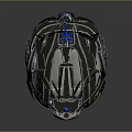 Futuristic Silver Metallic Helmet With Blue Visor And Tech Equipment Design
