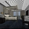 Hotel Guest Room With Four Poster Bed Diamond Patterned Ceiling And Decorative Paintings