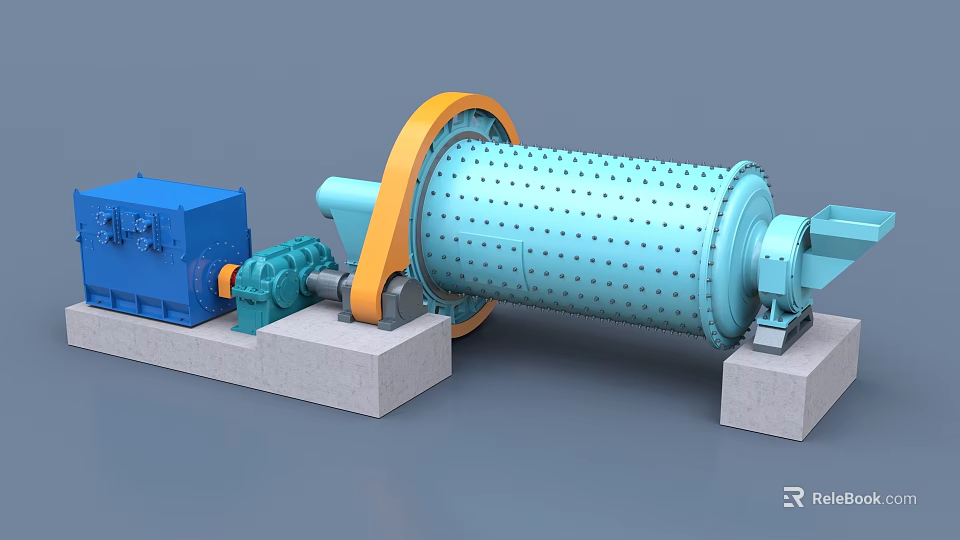 Industrial Drum Mill Equipment with Blue Motor Orange Wheel and Concrete Base 3d model 