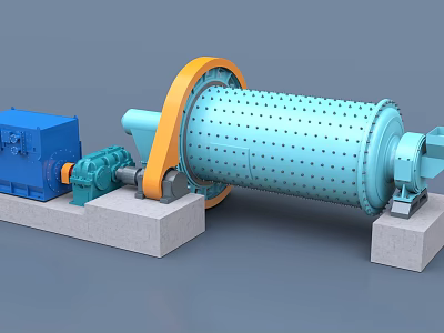Industrial Drum Mill Equipment with Blue Motor Orange Wheel and Concrete Base 3d model