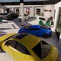 Car Dealership 4S Store New Vehicles on Display Outdoor Lounge Green Chairs White Tables