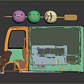 Colorful Cartoon Style Food Truck With Three Round Models On Roof Green Orange Brown Design