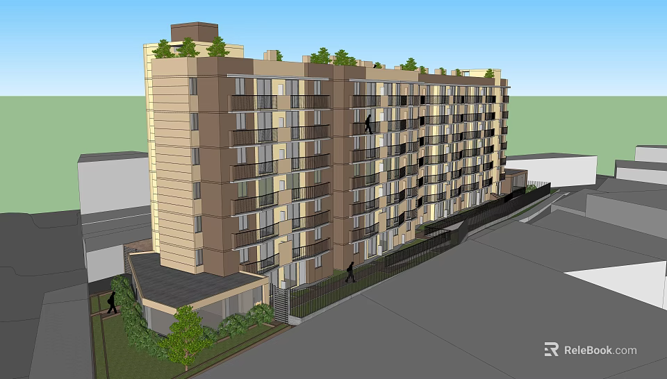 Multi Storey Apartment Building With Brown Beige Exterior Green Rooftop Plants And Trees 3d model 