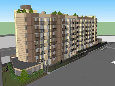 Multi Storey Apartment Building With Brown Beige Exterior Green Rooftop Plants And Trees 3d model