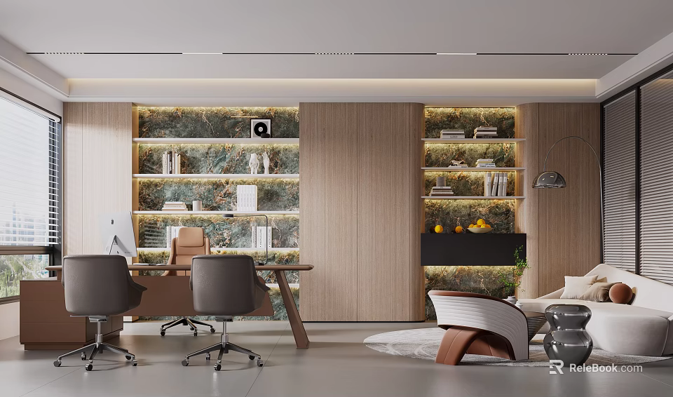 Stylish Modern Office Interior With Bookshelves Green Plant Walls Desk Chairs And Sofa 3d model 