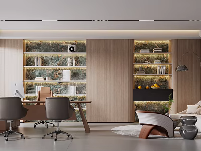 Stylish Modern Office Interior With Bookshelves Green Plant Walls Desk Chairs And Sofa 3d model