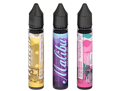 Assorted Flavored E liquid Bottles With Creme Brulee Malibu Strawberry And Colorful Labels 3d model