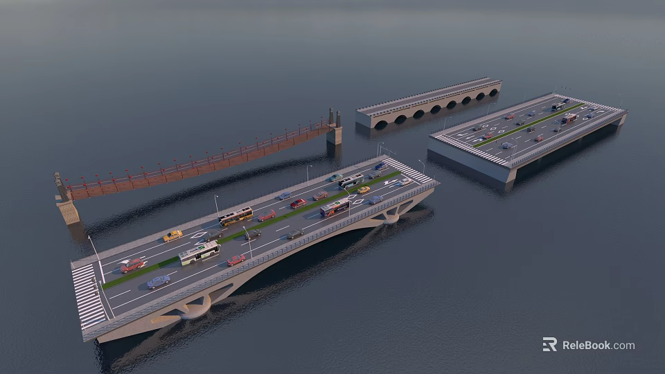 Modern And Arch Bridges Over Water With Vehicles And Traffic Movement 3d model 