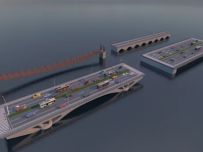 Modern And Arch Bridges Over Water With Vehicles And Traffic Movement 3d model