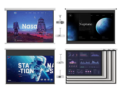 High Quality Projection Monitoring System Showing Astronaut Planet Space Station And Data Charts 3d model