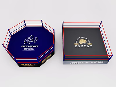 Octagonal and Square Boxing Rings for Ultimate Combat with Red Blue White Ropes 3d model