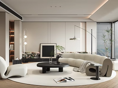 Modern Living Room Interior Design With Beige Sofa Round Rug And Floor Lamp 3d model