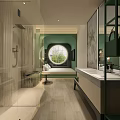 Loft Style Hotel Room With Green Metal Staircase Palm Leaf Decor Mirror And Wooden Accents