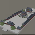 Traditional Chinese Ancient Architecture Courtyard Layout With Curved Tile Roofs And Garden Trees
