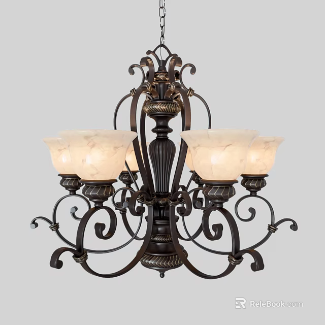 Classic Metal Frame Chandelier With Ornate Carvings Curved Accents And Ivory Glass Shades 3d model 