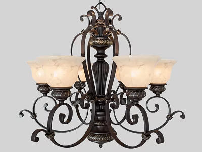 Classic Metal Frame Chandelier With Ornate Carvings Curved Accents And Ivory Glass Shades 3d model