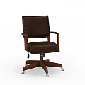 Office Desk With Brown Leather Office Chair Featuring Wooden Armrests And Swivel Casters