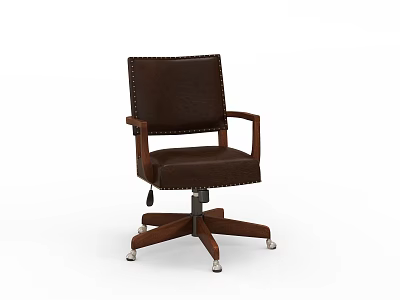 Office Desk With Brown Leather Office Chair Featuring Wooden Armrests And Swivel Casters 3d model