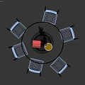 Modern Round Wooden Table And Six Chairs Set With Fruit Bowl And Green Plant