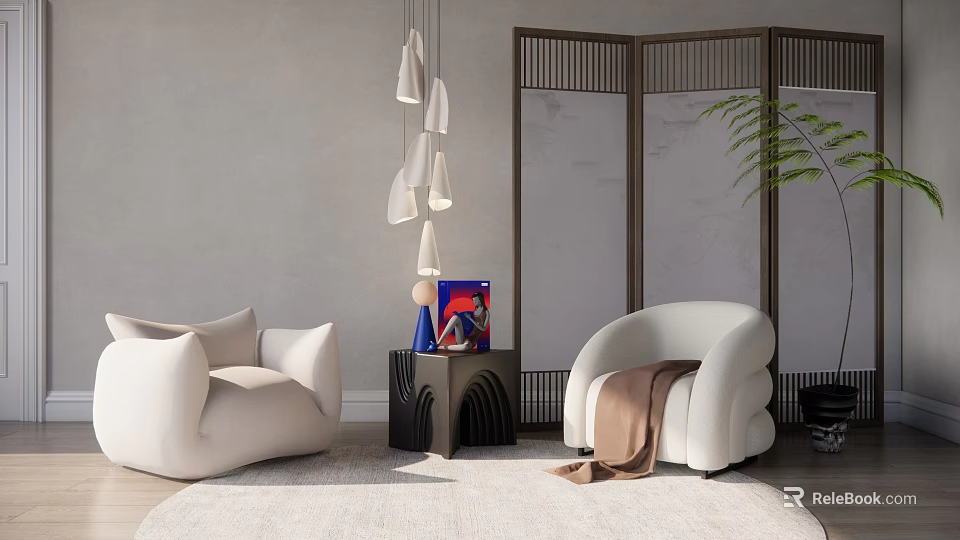 White Leisure Sofa Set in Living Room with Pendant Lights Wooden Screen and Plant 3d model 