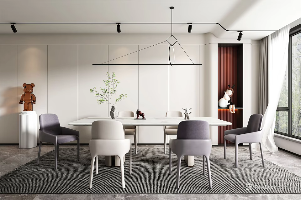 Modern Open Restaurant Interior Design With Dining Table And Pendant Lights 3d model