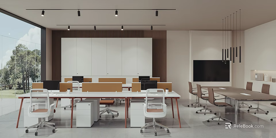 Modern Public Office Space Interior Design With Workstations Ergonomic Chairs And Storage Cabinets 3d model 