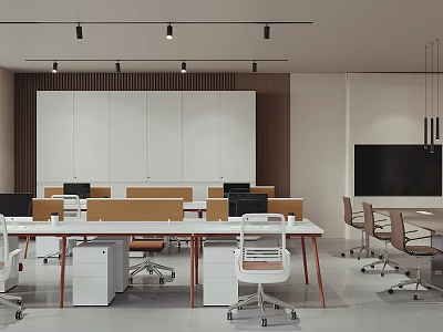 Modern Public Office Space Interior Design With Workstations Ergonomic Chairs And Storage Cabinets 3d model