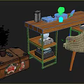 Wooden Desk Setup With Beige Chair Floral Chest Potted Plant And Decorative Items