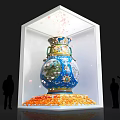 Art Installation Featuring Ornate Vases In Display Cases With Colorful Decor And Leaping Goldfish