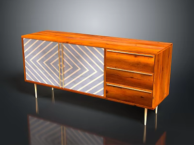 Mid Century Wooden Sideboard With Geometric Pattern Doors Drawers And Metal Legs 3d model