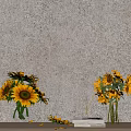 Clear Glass Vases With Sunflowers On Tabletop Beige Wall Background And Books