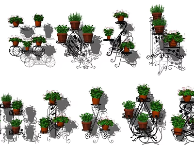Iron Art Plant Stands With Various Potted Plants 3d model