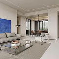 Modern Living and Dining Room Interior With Sofa Coffee Table Blue Painting And Floor Lamp