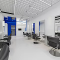 Modern Hair Salon Interior Design With Blue And White Decor Barber Chairs And Wall Mirrors