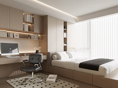 Modern Tatami Bedroom Interior With Light Wood Desk Computer Bookshelf And Large Window Blinds 3d model