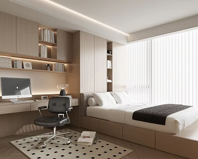 Modern Tatami Bedroom Interior With Light Wood Desk Computer Bookshelf And Large Window Blinds 3d model