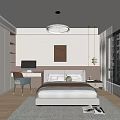 Modern Bedroom Interior Design With Bed Desk Chair Circular Chandelier And Wall Art