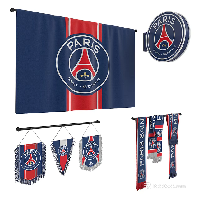 Paris Saint Germain Merchandise Including Flags Pennants And Scarves With Team Logo 3d model 