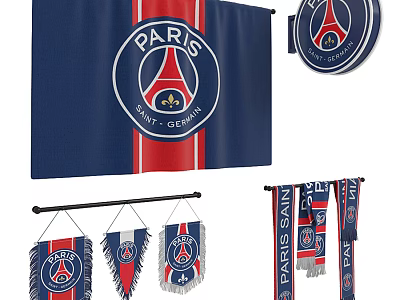 Paris Saint Germain Merchandise Including Flags Pennants And Scarves With Team Logo 3d model