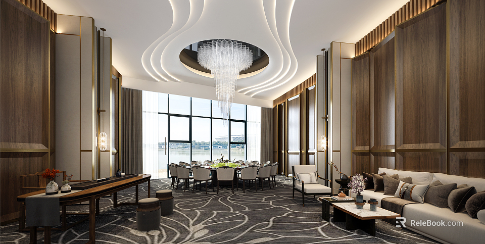 Luxurious Private Dining Room With Chandelier Large Windows And Round Table 3d model 